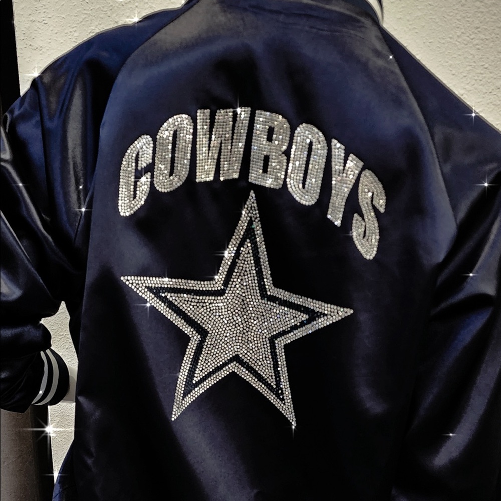 Bling Navy Satin Cowboys Bomber Jacket, New with Tags